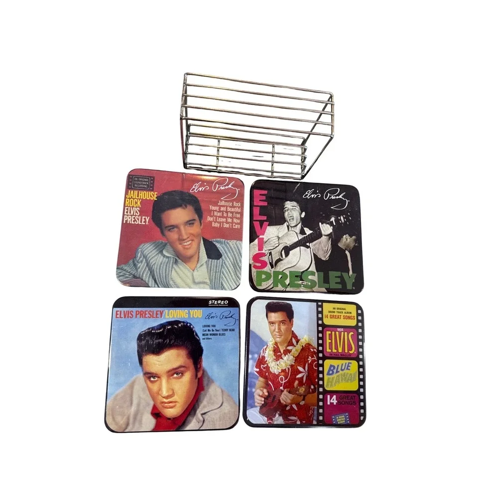 Elvis Presley Blue Hawaii Jailhouse‎ Rock Coaster Set of 4 with Metal Holder